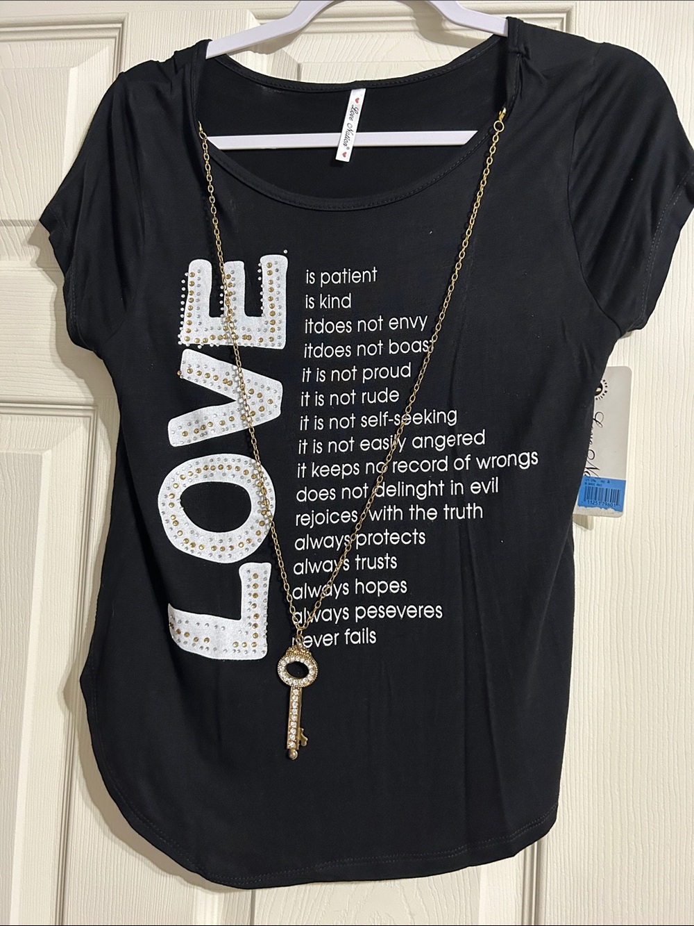 Black Short Sleeve Tee with White Studded LOVE Graphic